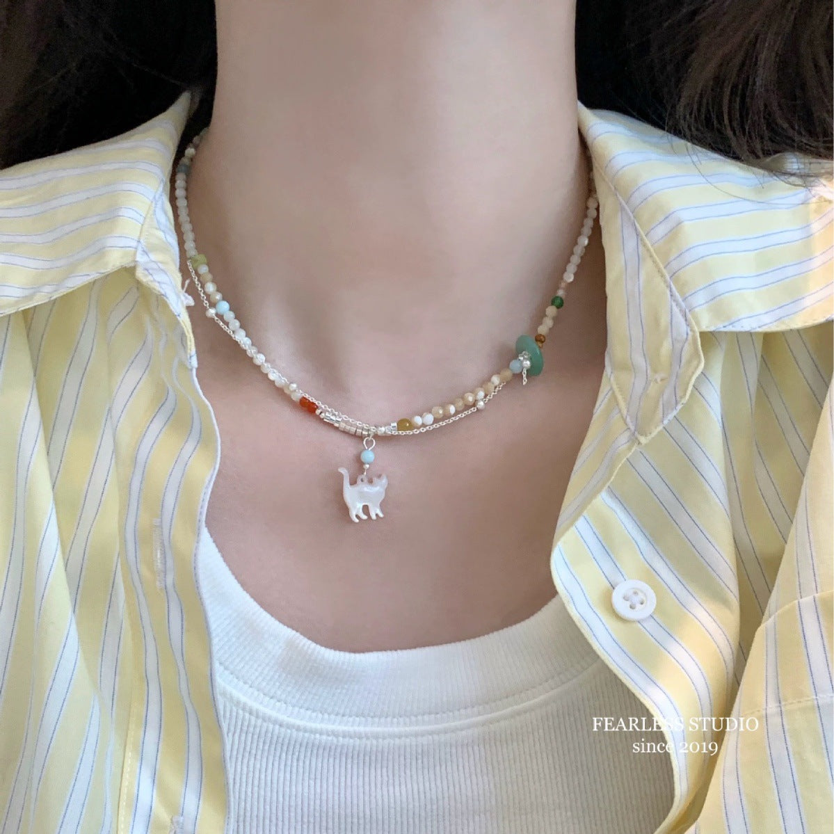Damen mehrschichtige Kette mit Katzenanhänger Shop Nory
