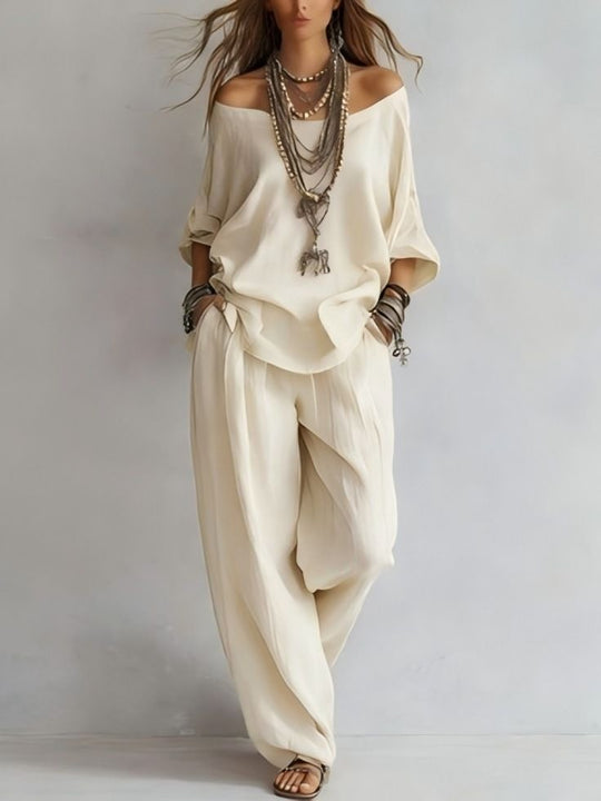 Damen Lässiges Leichtes Lounge-Set mit Carmenausschnitt und Palazzo-Hose Shop Nory