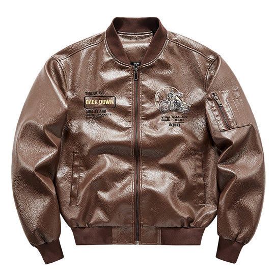 Herren Kunstleder‑Bomberjacke mit wärmender Fleece‑Innenfütterung, Motorrad‑Stickerei und Ärmeltasche Shop Nory