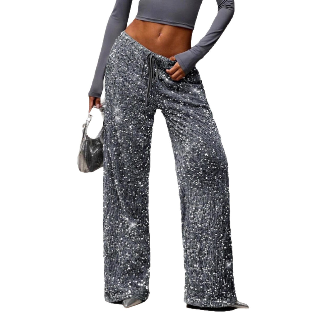 Damen Pailletten-Palazzohose mit hohem Bund und Kordelzug Shop Nory