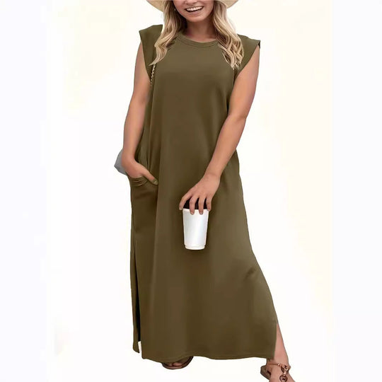 Damen Maxikleid mit schlichten Linien und modernen Schulterdetails