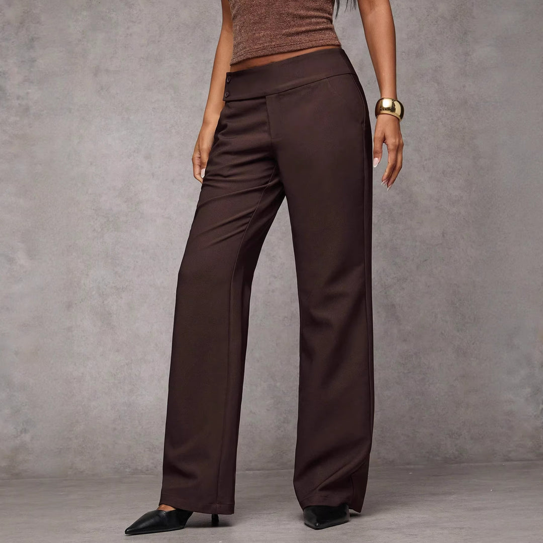 Damen Hochtaillierte gerade geschnittene Stoffhose mit weitem Bein und Zierknopfleiste Shop Nory