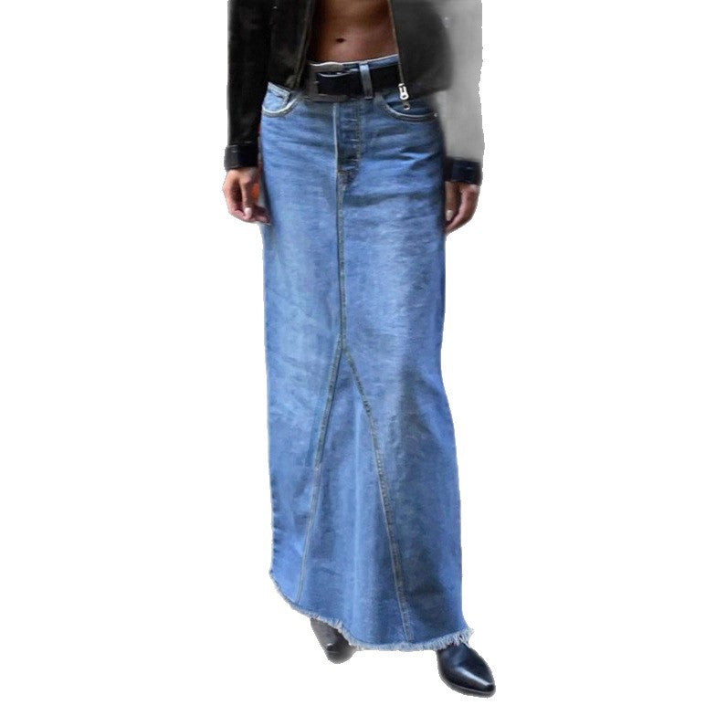 Damen Taillenhoher Denim-Maxi-Rock mit geradem Schnitt, Ziernähten und rohem Fransen-Saum Shop Nory