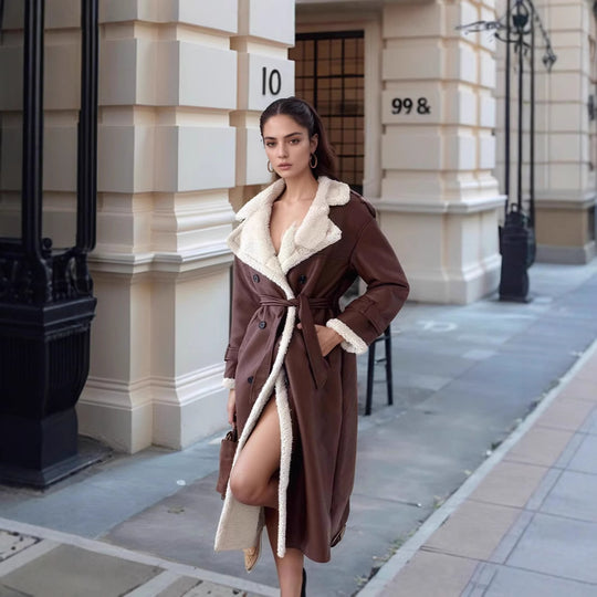 Damen Langer Mantel mit Teddyfutter, doppelreihiger Knopfleiste und tailliertem Schnitt Shop Nory