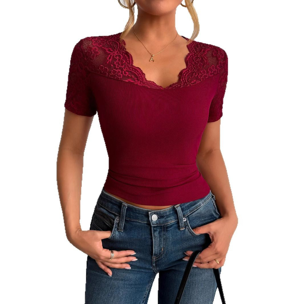 Damen Spitzen-Crop-Top mit elegantem Rundhalsausschnitt