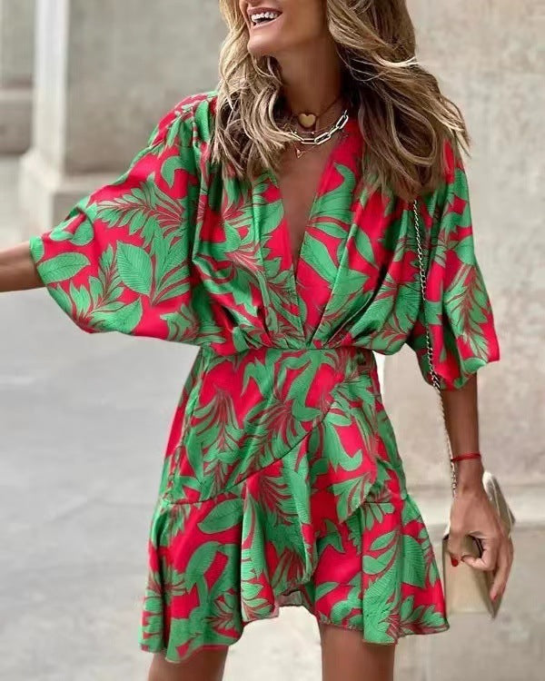 Damen Lässiges Wickelkleid mit voluminösen Ärmeln und modischem Tierdruck