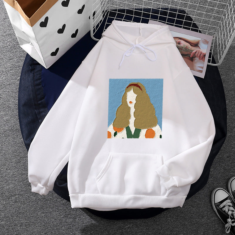 Damen nan Kapuzenpullover mit kunstvoller Chenille-Stickerei im Portraitstil und Kängurutasche Shop Nory