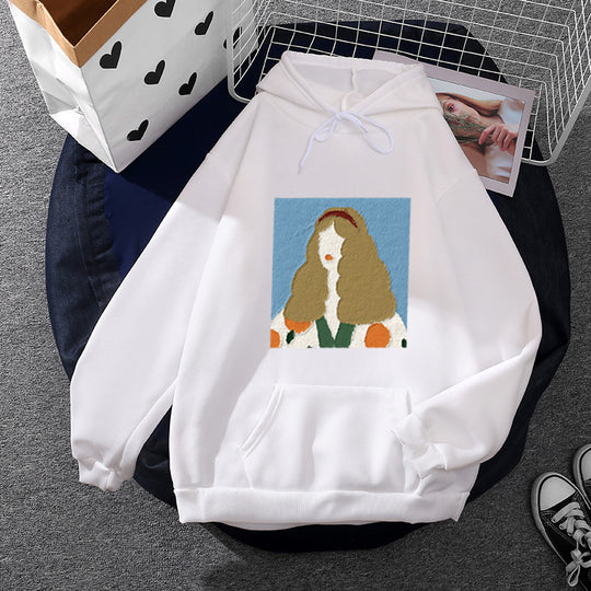 Damen nan Kapuzenpullover mit kunstvoller Chenille-Stickerei im Portraitstil und Kängurutasche Shop Nory