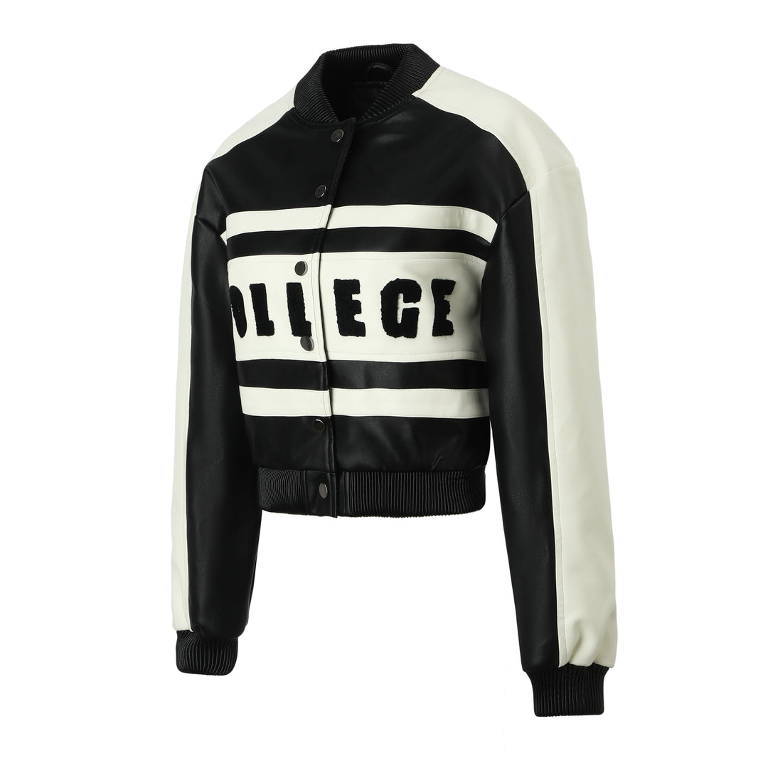 Damen Cropped College‑Bomberjacke aus Kunstleder mit kontrastierenden Streifen und Druckknöpfen Shop Nory