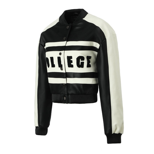 Damen Cropped College‑Bomberjacke aus Kunstleder mit kontrastierenden Streifen und Druckknöpfen Shop Nory