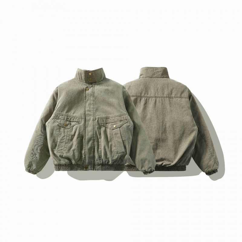 Unisex Weitgeschnittene Canvas-Utility-Jacke mit Stehkragen, Pattentaschen und elastischem Saum Shop Nory