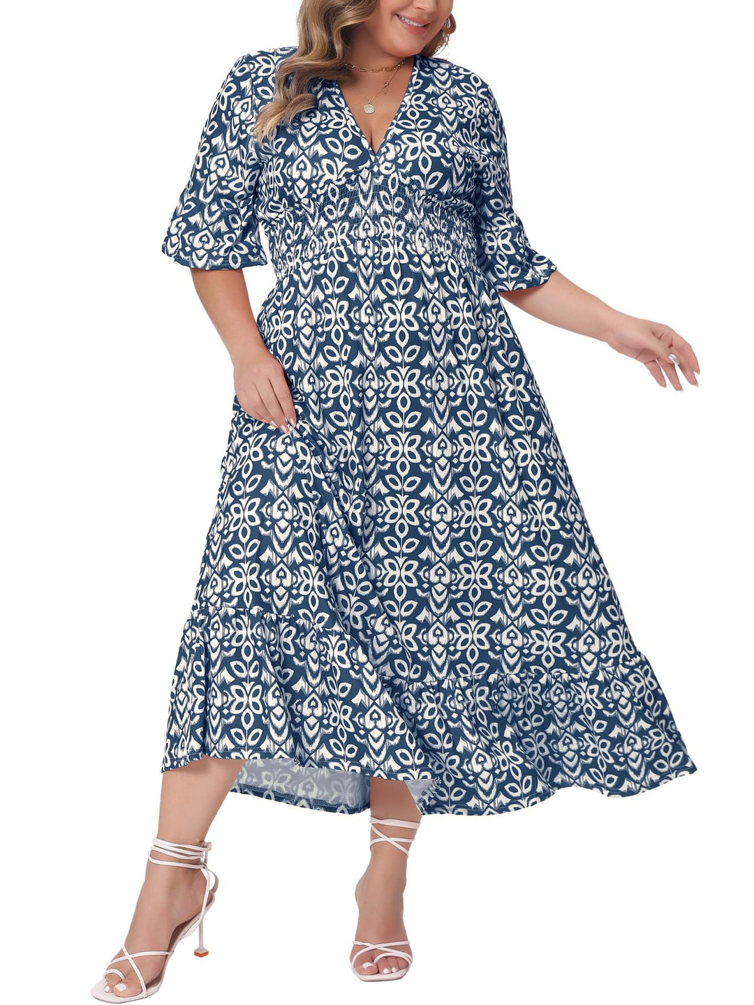 Damen Midikleid in A‑Linie mit grafischem Allover‑Print, geraffter Taillenpartie und Volantstufen Shop Nory