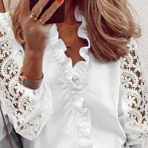Damen elegante Bluse mit Rüschendetails und Spitzenärmeln
