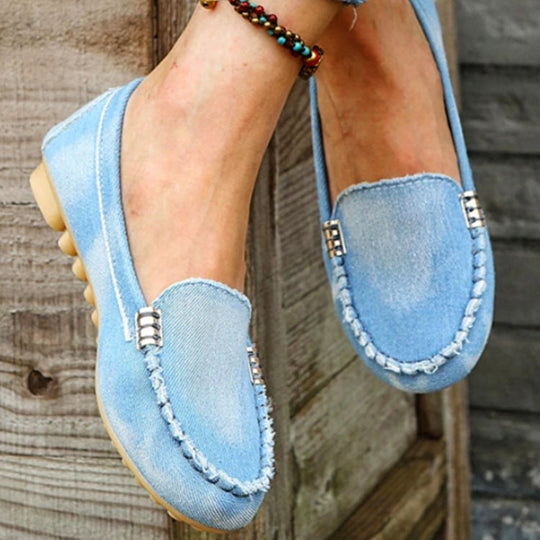 Damen bequeme Mokassins aus Denim mit dekorativen Details
