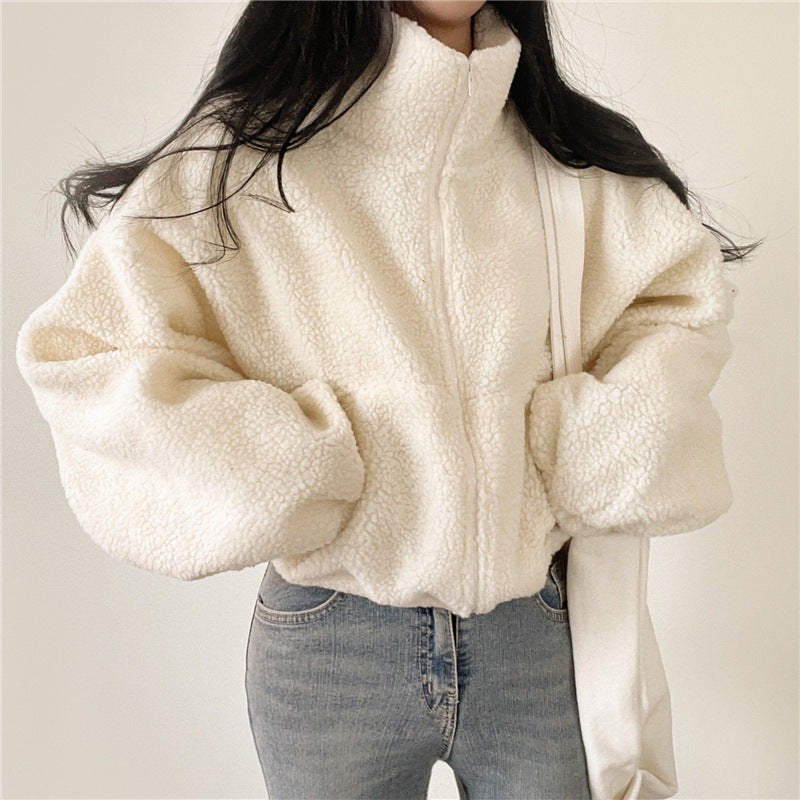 Damen kuschelige Fleece-Jacke mit hohem Kragen und Reißverschluss
