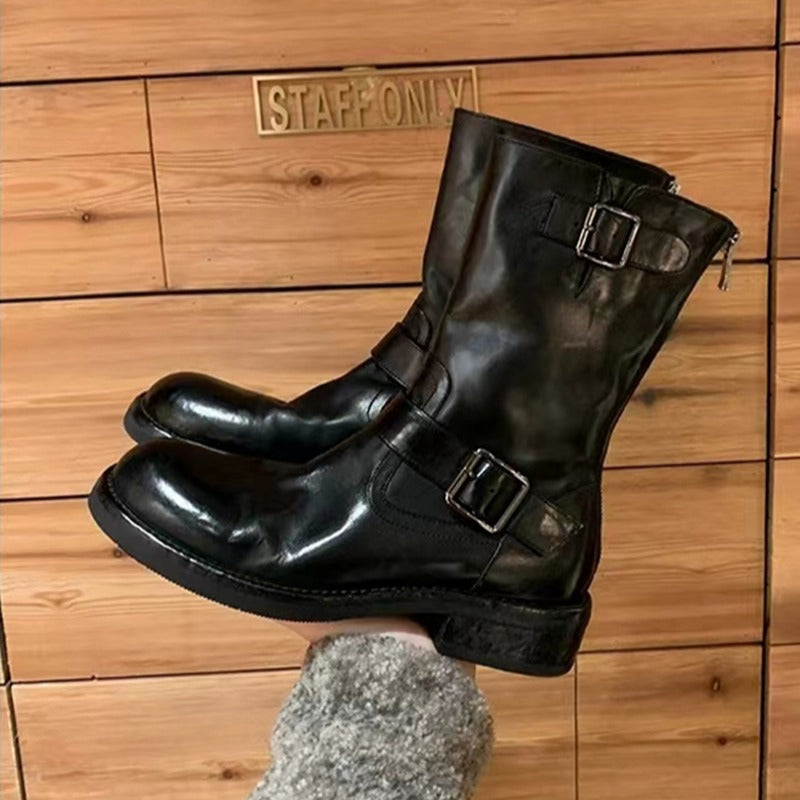 Damen Wadenhohe Biker‑Stiefel aus Glattleder mit Doppelgurt und Rückreißverschluss Shop Nory