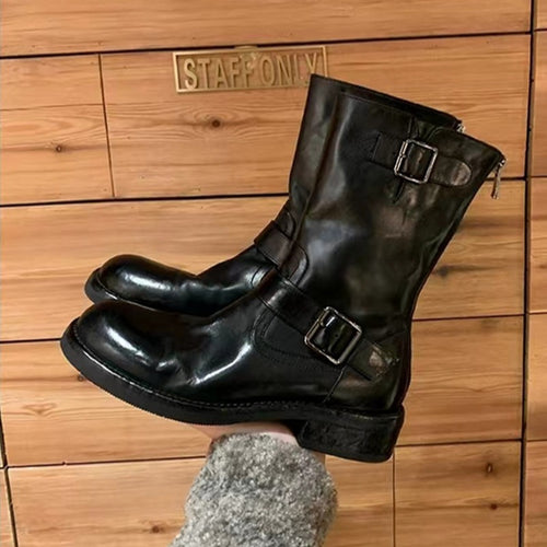 Damen Wadenhohe Biker‑Stiefel aus Glattleder mit Doppelgurt und Rückreißverschluss Shop Nory