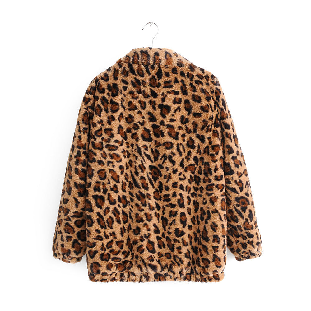 Damen Kunstfelljacke mit Leopardenmuster, durchgehendem Reißverschluss und elastischem Saum Shop Nory