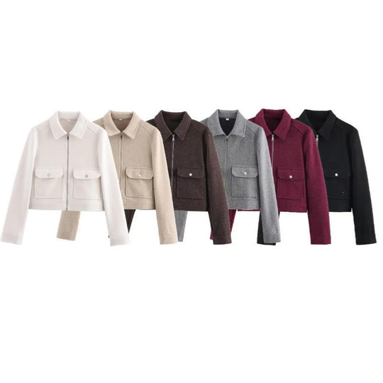 Damen kurze Boxy-Wolljacke mit durchgehendem Reißverschluss und aufgesetzten Pattentaschen Shop Nory
