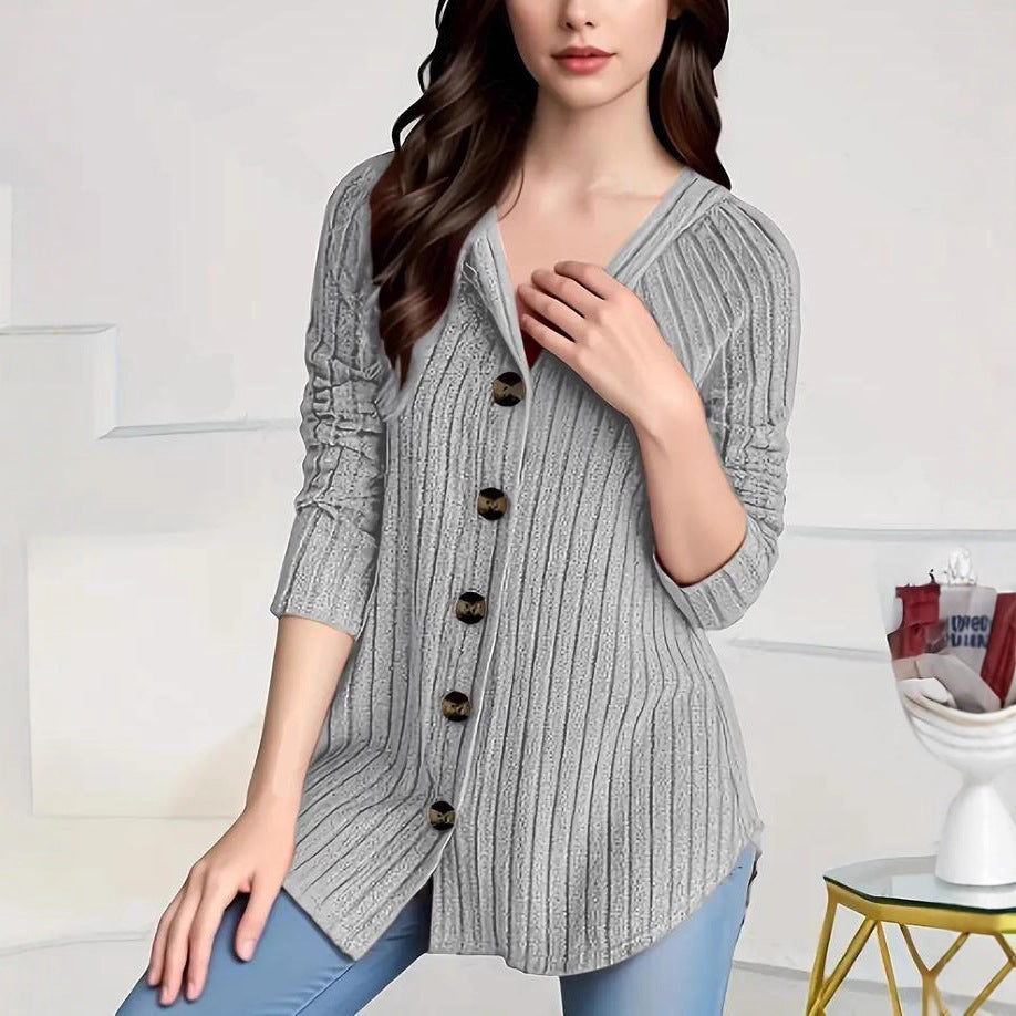 Damen kaschierender gerippter Strickcardigan mit V-Ausschnitt und dekorativen Knöpfen Shop Nory