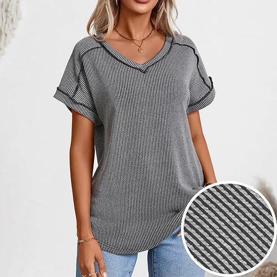 Damen Geripptes V-Ausschnitt Kurzarm-Feinstricktop mit umgeschlagenen Ärmeln Shop Nory