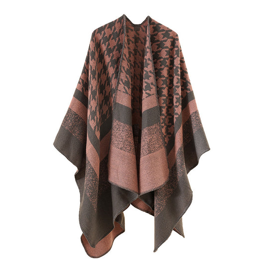 Damen Oversize‑Ruana‑Poncho aus Wollmix mit Hahnentritt- und Blockjacquard Shop Nory