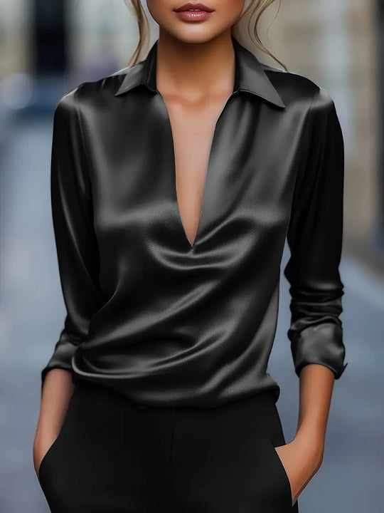 Damen Seidiges Satin-Blusenshirt mit tiefem V‑Ausschnitt und Hemdkragen Shop Nory