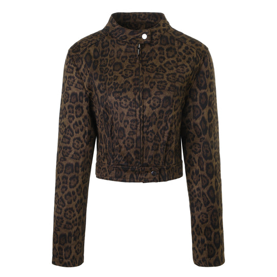 Damen Kurzjacke mit Leopardenmuster und Stehkragen Shop Nory