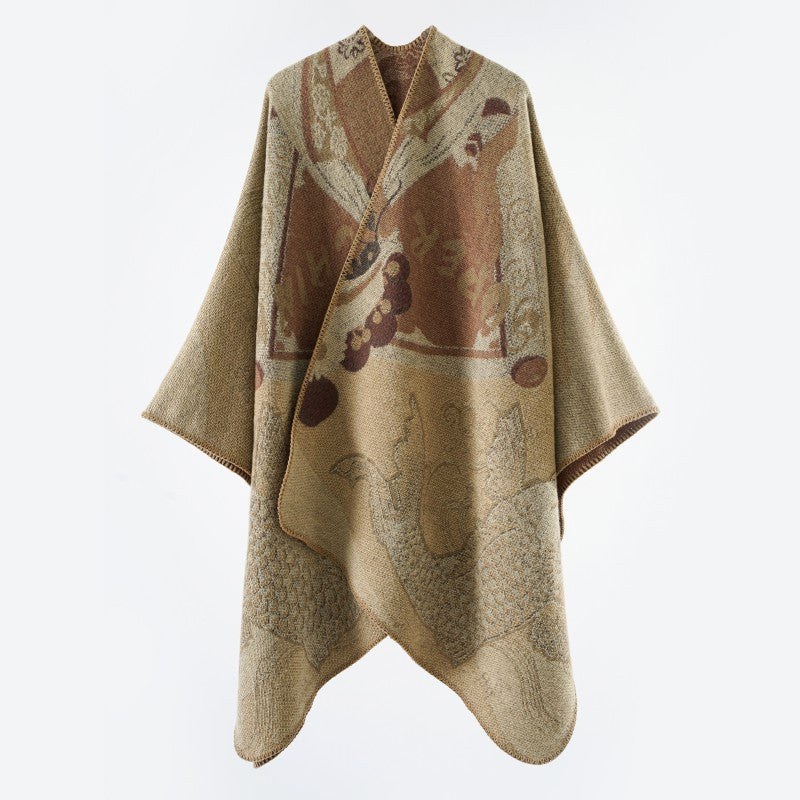 Damen Jacquard-Poncho mit Fischmotiv und offenem Oversize-Schnitt Shop Nory