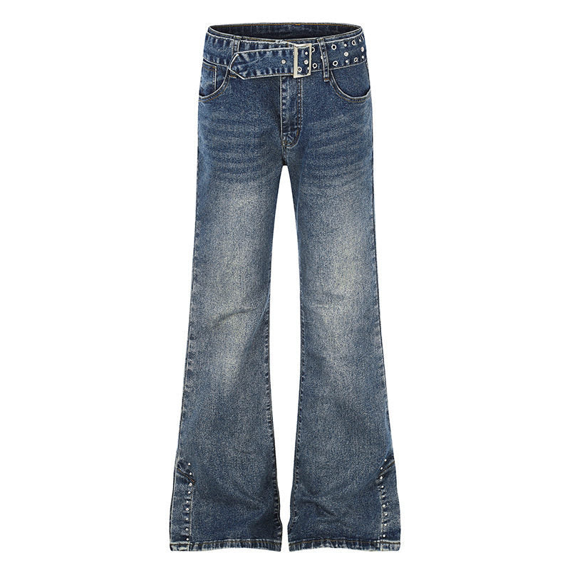 Damen High-Waist Flared-Denimjeans mit Nietenbesatz, weitem Schlag und Ziergürtel Shop Nory