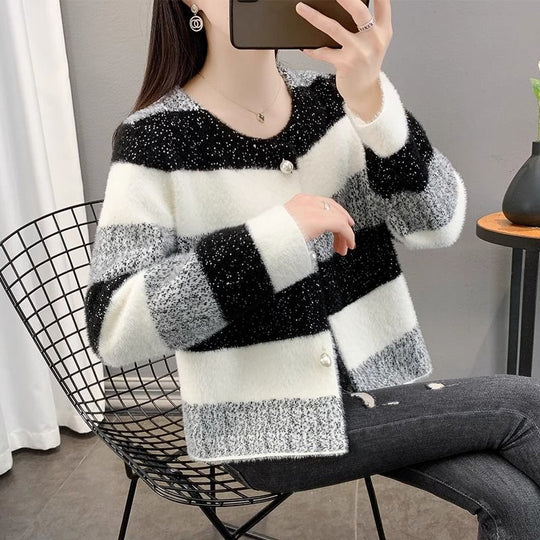 Damen Flauschiger Grobstrick-Cardigan mit Perlenknöpfen Shop Nory