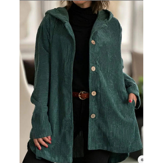 Damen Langer Kapuzen-Strickcardigan mit Rippenstruktur, Knopfleiste und Seitentaschen Shop Nory