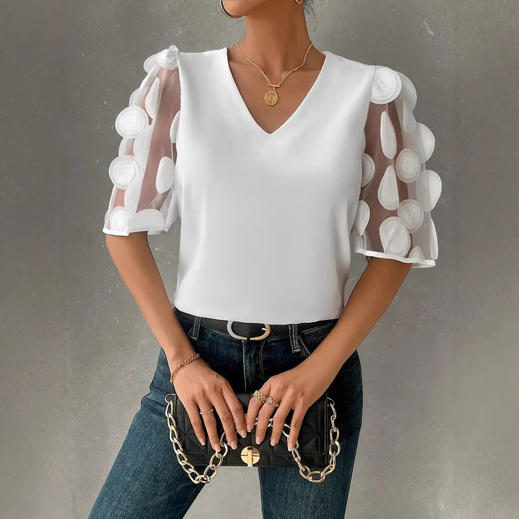 Damen V-Ausschnitt Bluse mit transparenten Rüschensäumen
