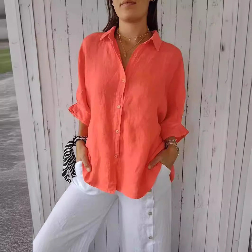 Damen Leichte und luftige Bluse aus reinem Leinen mit Knopfleiste und breiten Ärmeln