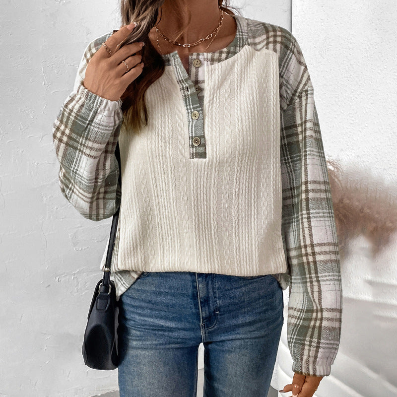 Damen Langärmeliges Strick-Blend-Shirt mit Karo-Ärmeln, Henley-Knopfleiste & Strukturmix Shop Nory