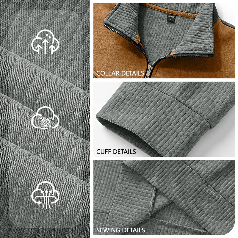 Herren Strickpullover mit Troyerkragen, Rippenstruktur und Ellbogen-Patches Shop Nory