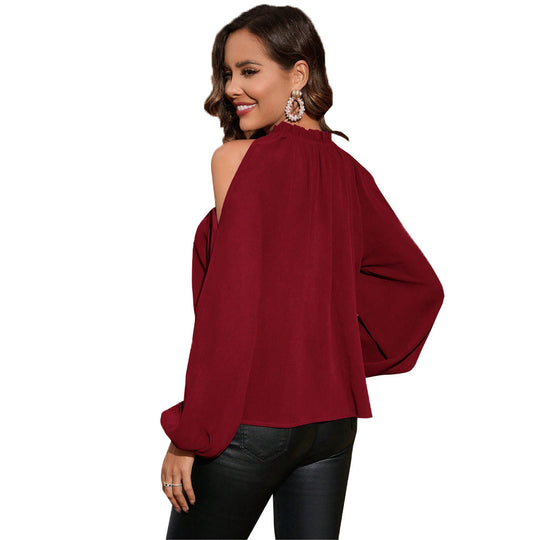 Damen schulterfreies Chiffon-Blusenshirt mit gerafftem Stehkragen und Ballonärmeln Shop Nory