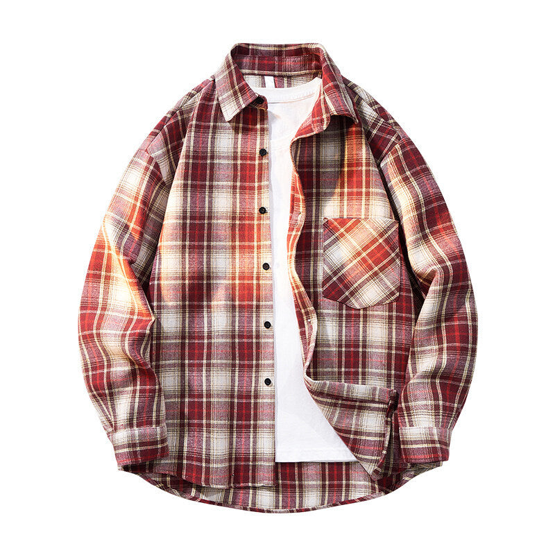 Herren kariertes Oversized Flanellhemd mit aufgesetzter Brusttasche, Rundem Saum und durchgeknöpfter Vorderseite Shop Nory