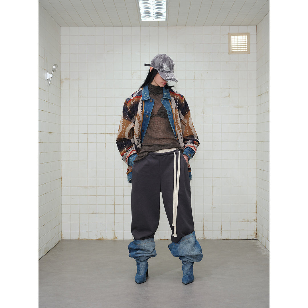 Unisex Weit geschnittene Jacquard-Linerjacke mit Denim-Besatz und grafischem Ethno-Muster Shop Nory