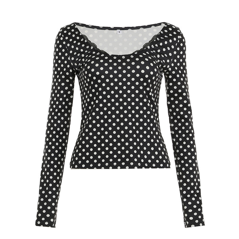 Damen nan figurbetontes Punktmuster‑Longsleeve mit Spitzenrand und dezentem Raffungseinsatz Shop Nory