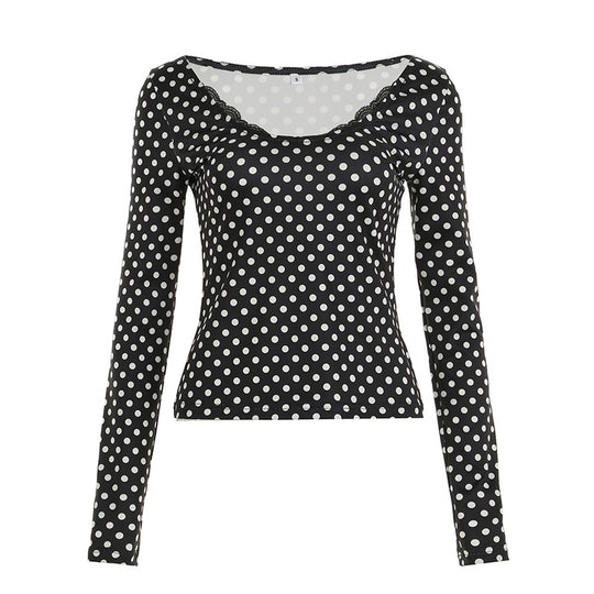 Damen nan figurbetontes Punktmuster‑Longsleeve mit Spitzenrand und dezentem Raffungseinsatz Shop Nory