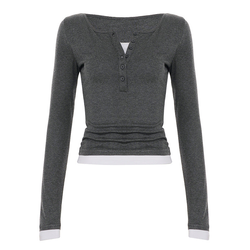 Damen nan tailliertes Henley-Crop-Longsleeve mit kontrastierenden Saum- und Ärmelbündchen Shop Nory