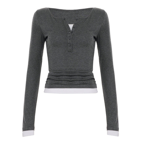 Damen nan tailliertes Henley-Crop-Longsleeve mit kontrastierenden Saum- und Ärmelbündchen Shop Nory