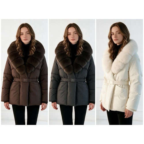 Damen nan taillierte Steppjacke mit übergroßem Webpelzkragen, taillierendem Gürtel und wärmender Thermofüllung Shop Nory