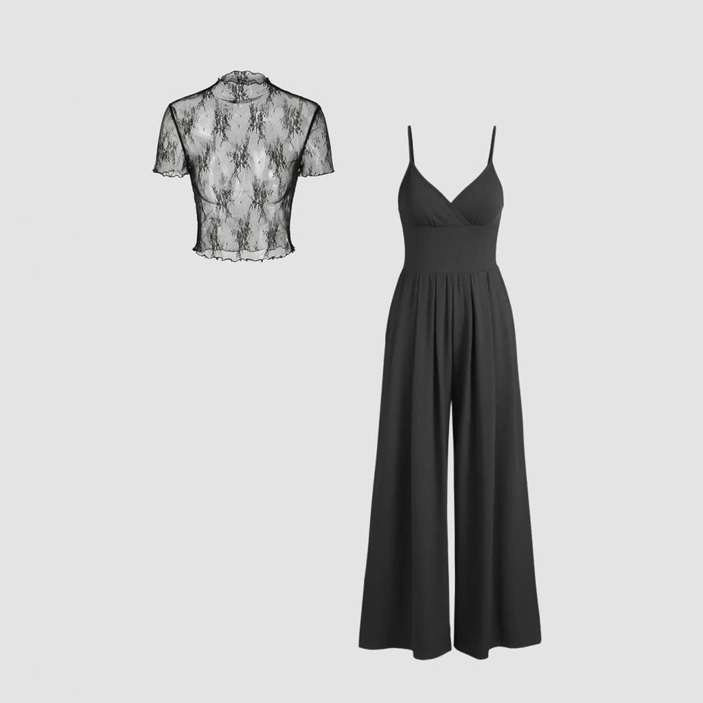 Damen elegantes V-Ausschnitt Jumpsuit mit transparenter Bluse