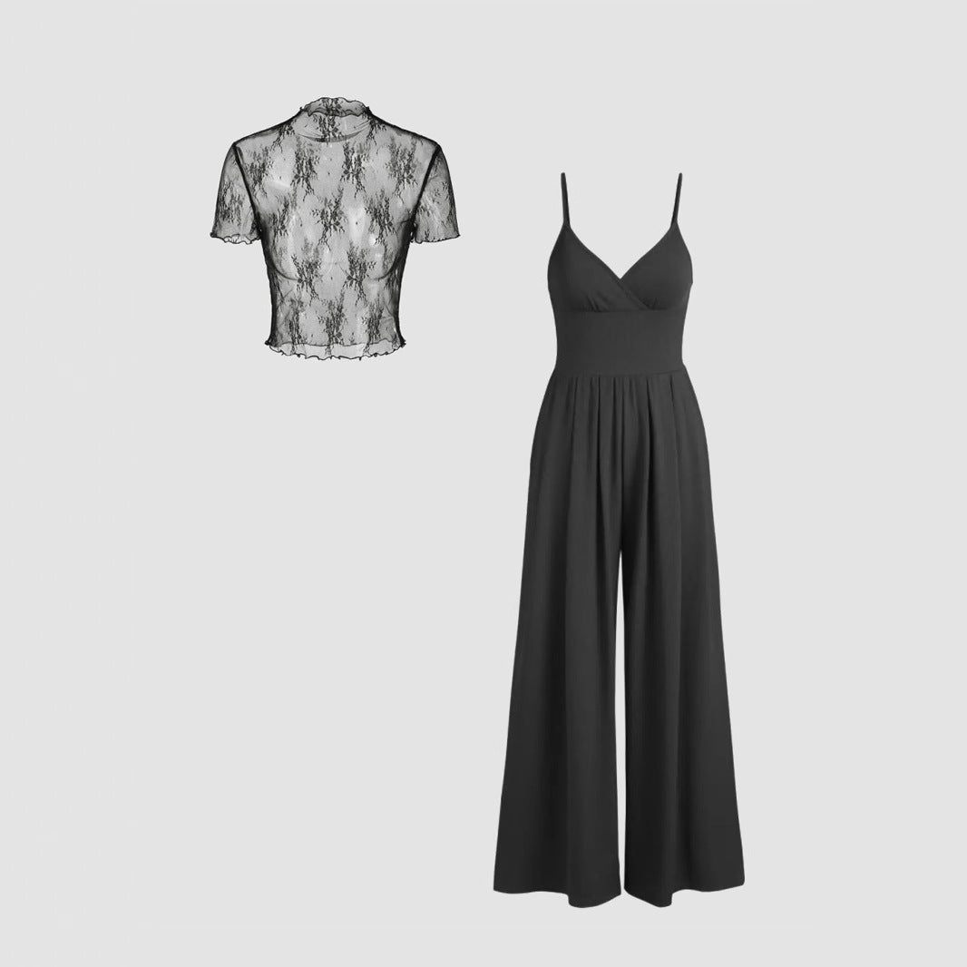 Damen elegantes V-Ausschnitt Jumpsuit mit transparenter Bluse