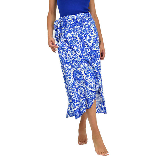 Damen Wickel-Midirock mit ornamentalem Print, Bindegürtel & Volantsaum Shop Nory