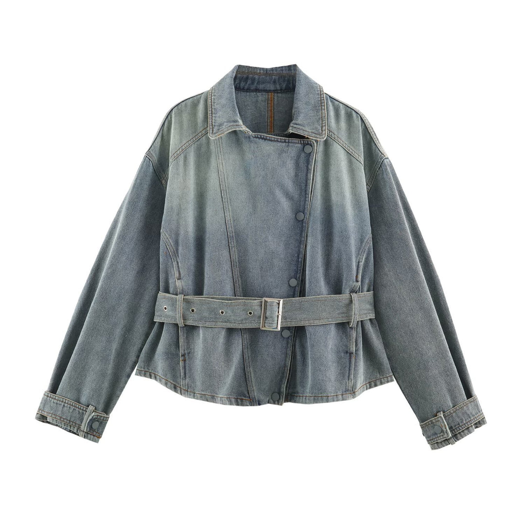 Damen Jeansjacke mit Taillengürtel und asymmetrischer Druckknopfleiste Shop Nory