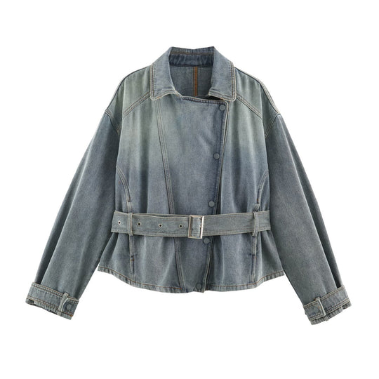 Damen Jeansjacke mit Taillengürtel und asymmetrischer Druckknopfleiste Shop Nory