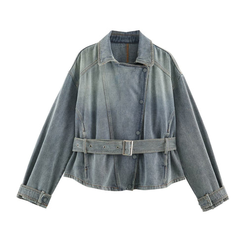 Damen Jeansjacke mit Taillengürtel und asymmetrischer Druckknopfleiste Shop Nory